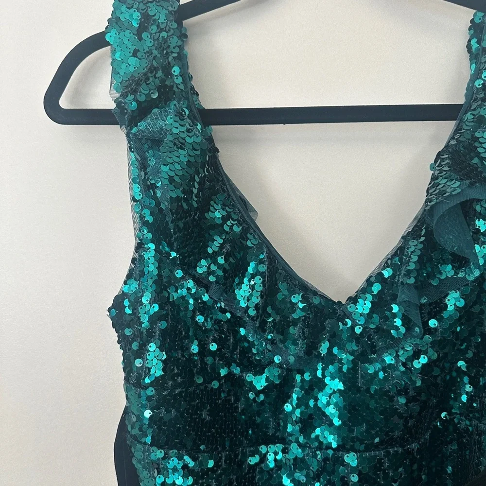 Free People Teal Sequin V-Neck Mini Party Dress with Black Velvet Tie